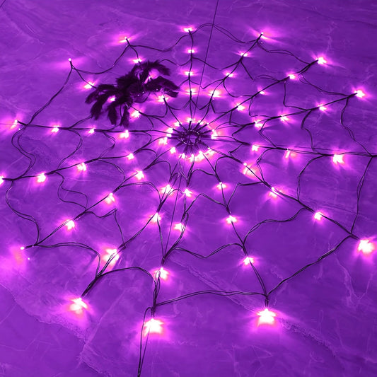 1Pc Spider Web LED String Lights with USB & Battery Power, Decorative Halloween Lighting, Purple, Indoor/Outdoor Use, Includes