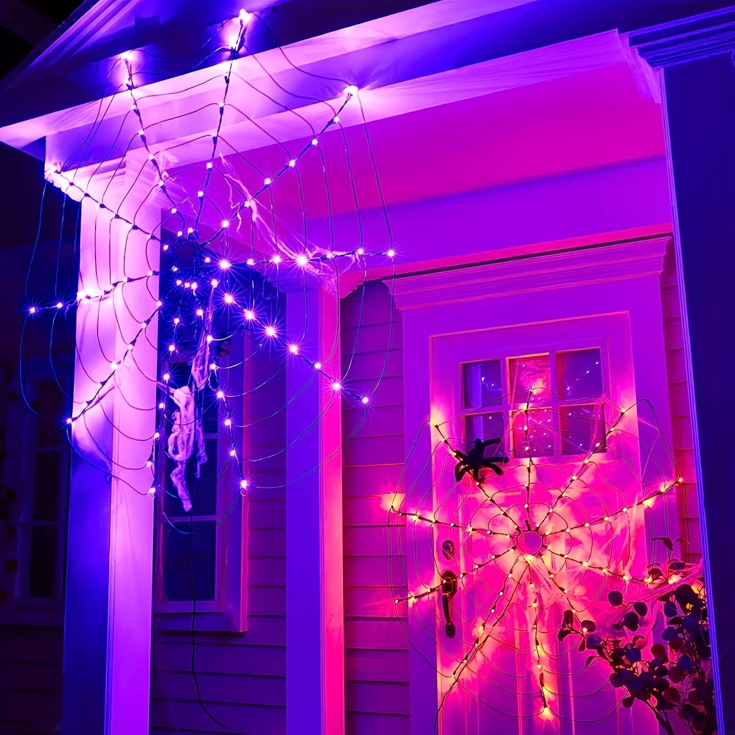 1Pc Spider Web LED String Lights with USB & Battery Power, Decorative Halloween Lighting, Purple, Indoor/Outdoor Use, Includes
