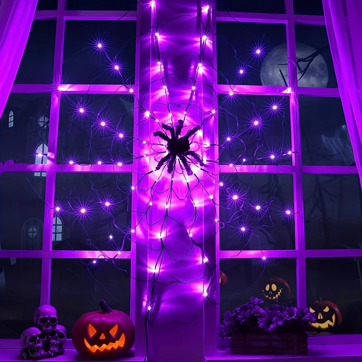 1Pc Spider Web LED String Lights with USB & Battery Power, Decorative Halloween Lighting, Purple, Indoor/Outdoor Use, Includes